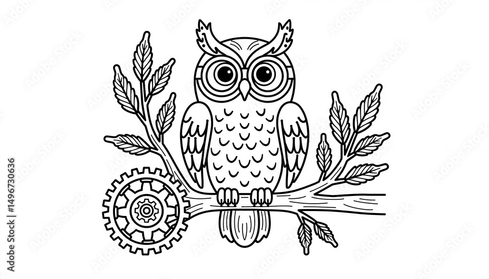 Fototapeta premium Owl illustration sitting on branch with gear elements in black and white