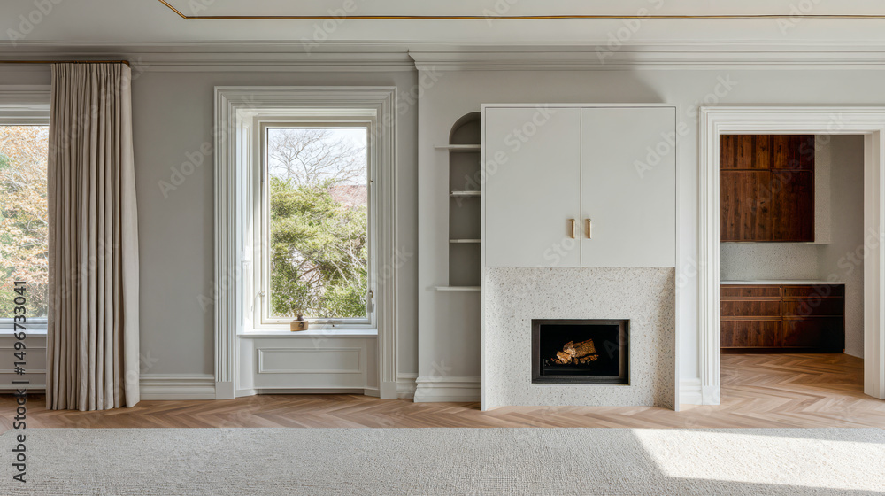 Obraz premium Elegant interior design featuring a cozy fireplace and large windows in a modern living space