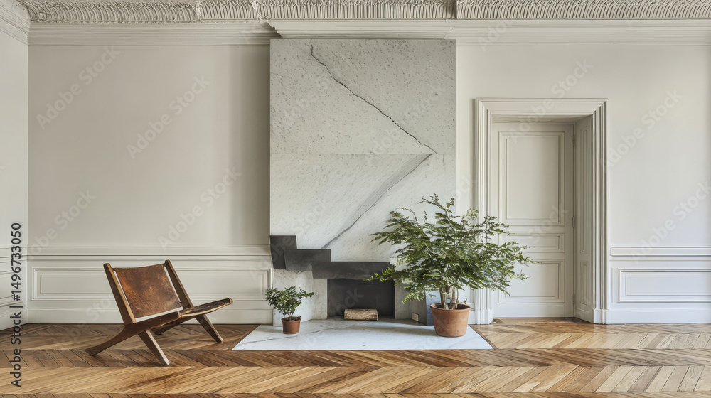 Fototapeta premium Modern interior design featuring a unique fireplace and stylish wooden chair in a bright room