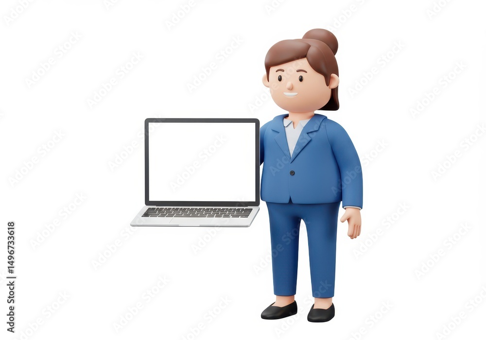3D Illustration of Cartoon businesswoman holding laptop with blank screen isolated on white background 3D Illustration of Cartoon businesswoman holding laptop with blank screen isolated on white background