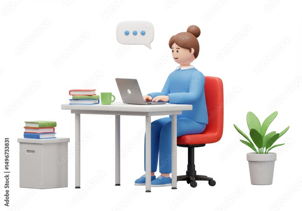 3D Illustration of Cartoon woman working on laptop at desk isolated on white background 3D Illustration of Cartoon woman working on laptop at desk isolated on white background
