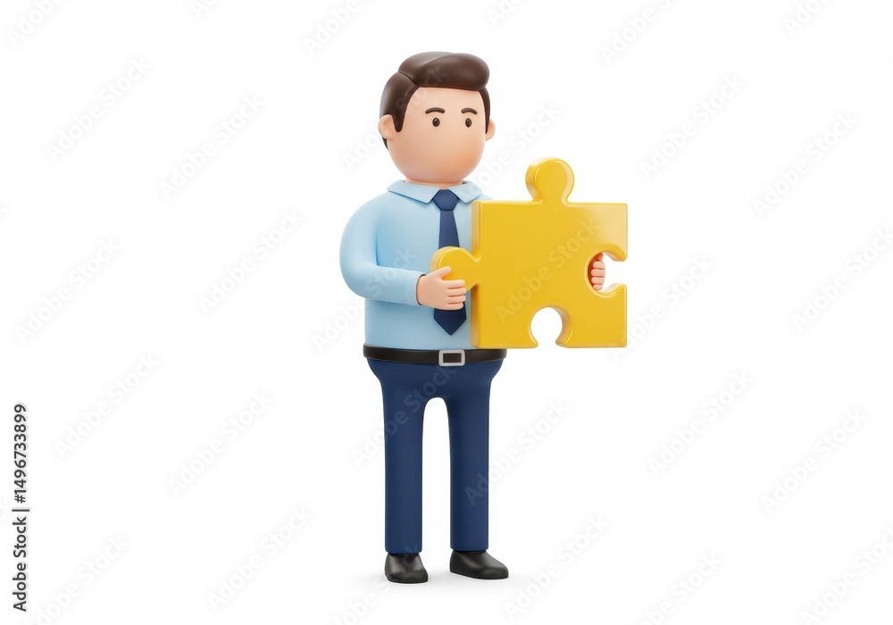 Obraz premium 3D Illustration of Cartoon businessman holding a yellow puzzle piece isolated on white background