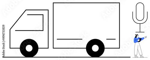 Large truck on road next to microphone and individual pointing. Ideal for logistics, delivery, communication, remote work, transportation, courier services, and simple landing page