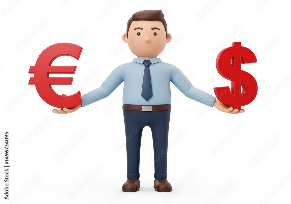 3D Illustration of Cartoon man holding euro and dollar signs isolated on white background 3D Illustration of Cartoon man holding euro and dollar signs isolated on white background