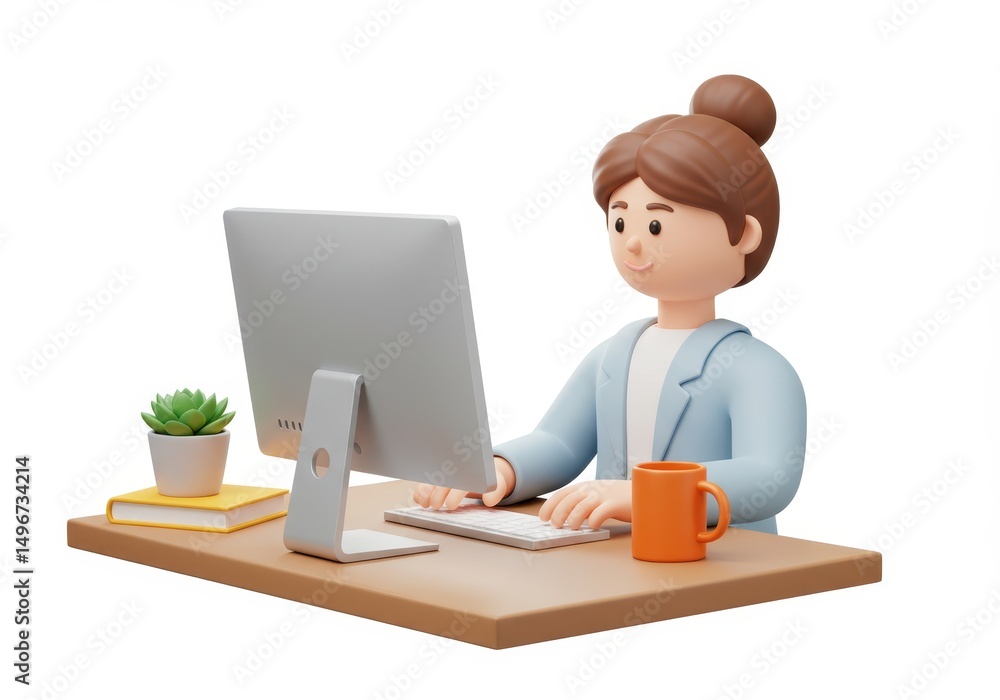 3D Illustration of Cartoon woman working at computer isolated on white background 3D Illustration of Cartoon woman working at computer isolated on white background