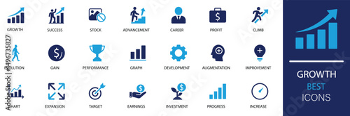 Growth icon set. Clean and minimalist vector icons representing career, development, investment, progress, profit, and success. Perfect for business, finance, and stock market visuals.