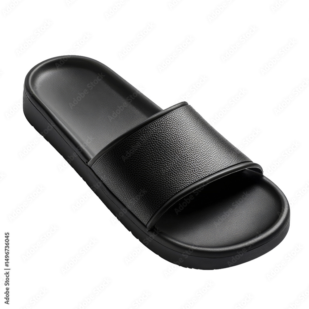 A sleek black slide sandal positioned on a clean background, showcasing its minimalist design and textured strap, ideal for casual wear and summer outings A sleek black slide sandal positioned on a clean background, showcasing its minimalist design and textured strap, ideal for casual wear and summer outings
