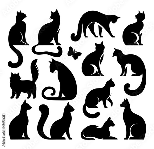 Collection of Cat Silhouette Vector Illustration – Minimal Black Cat Shapes, Sitting and Walking Poses, Feline Clipart for Pet Logo, Tattoo, Wall Art, Stickers, and Graphic Design Elements