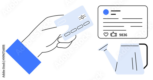 Hand holding a credit card, social media post with thumbs ups and a watering can. Ideal for finance, e-commerce, social media, marketing, growth, transactions, and a simple landing page