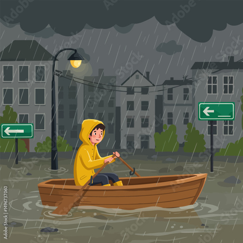 Paddling Boat Through Flooded Street in Heavy Rain with Streetlight
