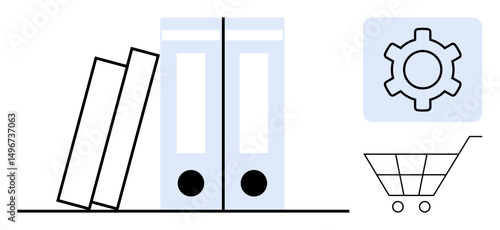 Three office files lean against two standing binders a gear icon symbolizes settings a shopping cart signifies e-commerce. Ideal for business, organization, e-commerce, education, logistics