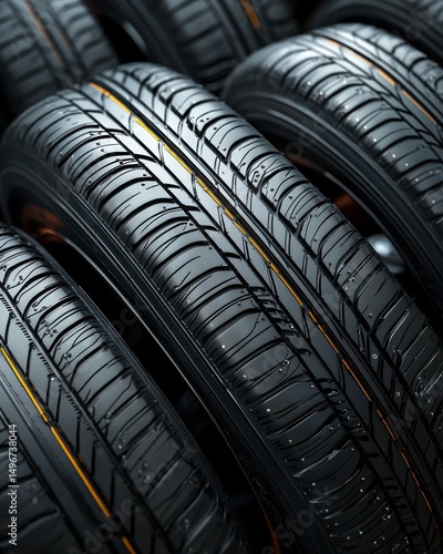 Stacked, new, textured black tires with thin orange stripe