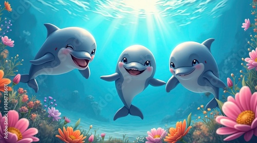 Cartoon dolphins and whales in coral reef underwater scene ai generated
