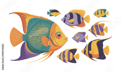 Modern colorful vector illustration featuring a collection of exotic tropical fish, easily scalable and editable.