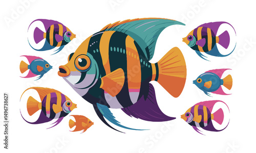 Modern colorful vector illustration featuring a collection of exotic tropical fish, easily scalable and editable.