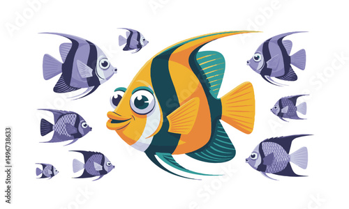 Modern colorful vector illustration featuring a collection of exotic tropical fish, easily scalable and editable.