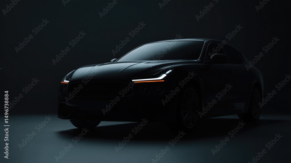 Fototapeta premium Sleek black with modern headlights photographed in minimalist studio setting, ideal for automotive marketing and design presentations.