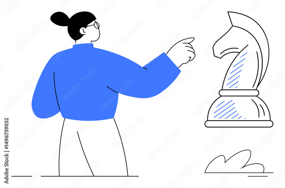 Person gestures towards a chess knight piece, symbolizing decision-making and strategy planning. Ideal for leadership, strategic thinking, goal setting, critical decisions, innovation, planning Person gestures towards a chess knight piece, symbolizing decision-making and strategy planning. Ideal for leadership, strategic thinking, goal setting, critical decisions, innovation, planning