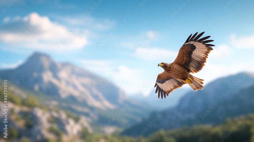 Fototapeta premium Majestic eagle soaring high in the sky with mountain landscape backdrop