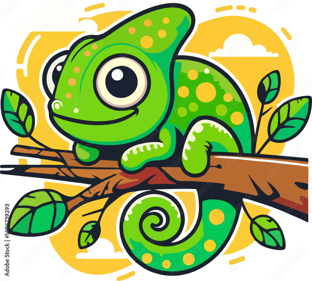 Fototapeta premium Cute Vector Chameleon Cartoon Sitting on Tree Branch with Leaves and Yellow Background – Colorful Flat Style Animal Illustration for Kids