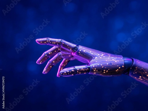 A futuristic robotic hand reaching out with glowing patterns.