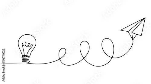 Continuous line drawing of lightbulb and paper airplane