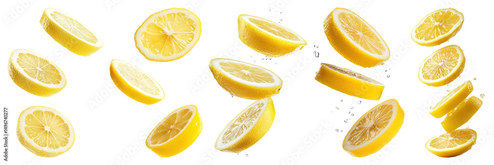 PNG Fresh vibrant lemon slices floating, element set on transparent background PNG Fresh vibrant lemon slices floating, element set on transparent background