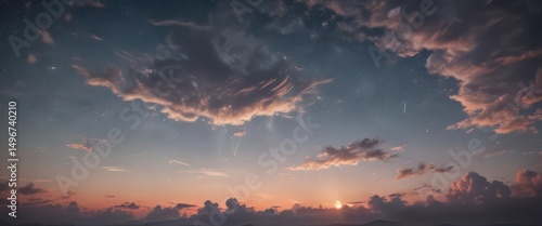 Faded retro sky, distressed paper texture  Wispy clouds, twinkling stars , celestial, collage