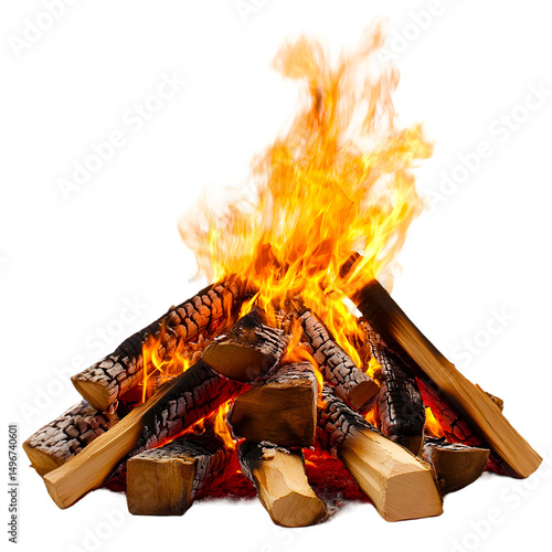 Blazing Campfire with Burning Logs and Embers Isolated on transparent background