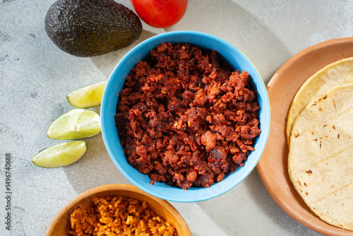 Canvas-taulu A top down view of a bowl of Mexican chorizo meat.