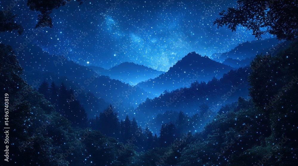 Fototapeta premium Starry night over lush, mountainous landscape