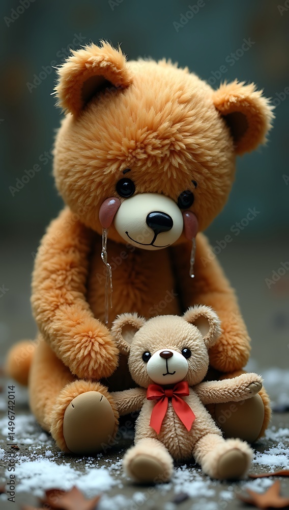 Fototapeta premium A teary-eyed cartoon teddy bear kneeling beside a torn and stitched friend on the ground, with stuffing scattered like snow.