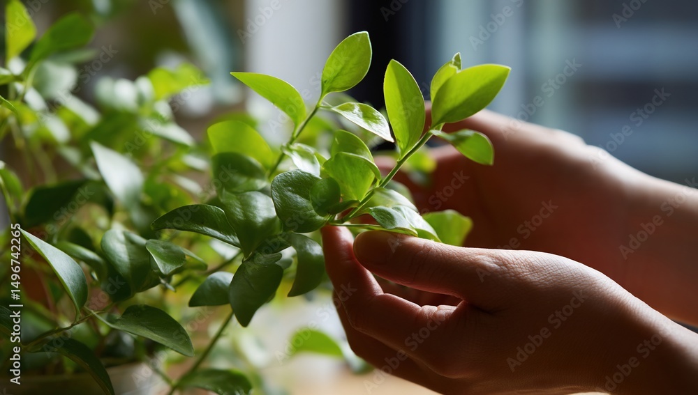 Close-up hands gently holding vibrant green leaves Close-up hands gently holding vibrant green leaves