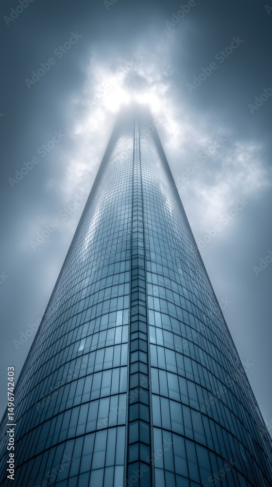 Naklejka premium Tall, glass skyscraper ascends into clouds