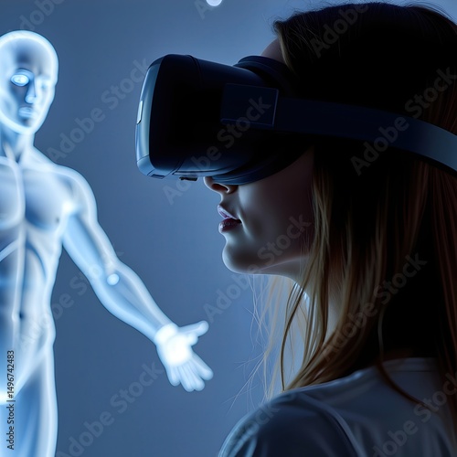 VR headset wearer interacting with floating human body model
