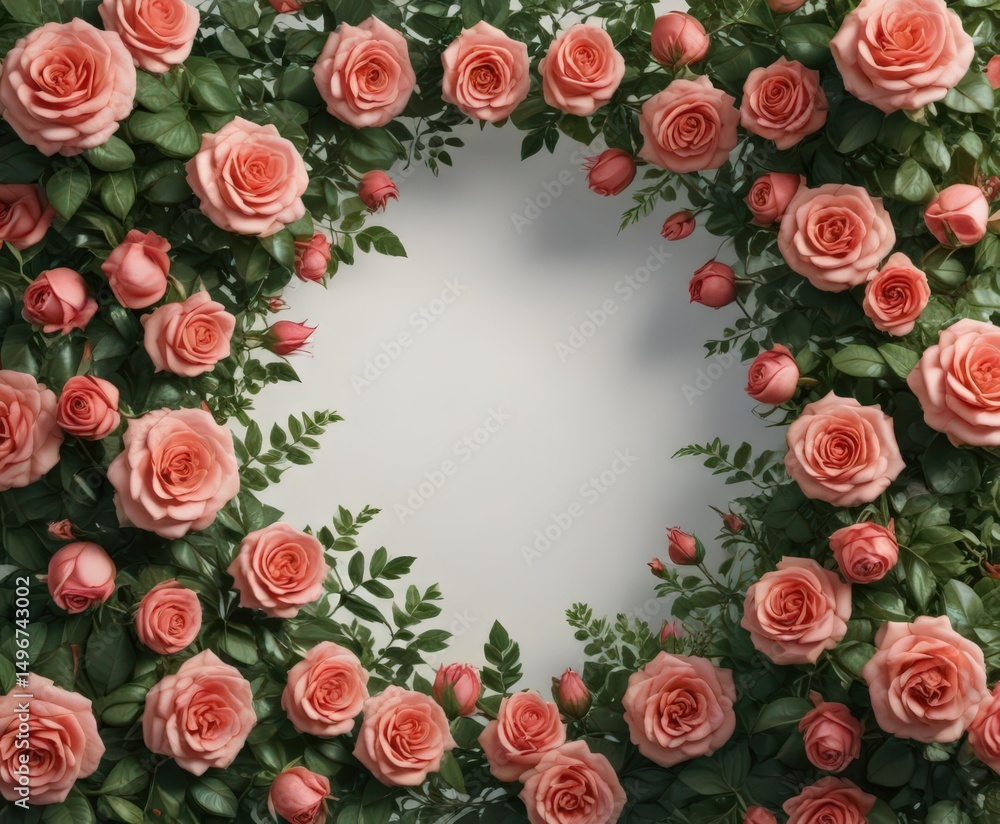 Intricate rose and foliage arrangement forms a vibrant, natural frame, ideal for showcasing your design , bloom, detail Intricate rose and foliage arrangement forms a vibrant, natural frame, ideal for showcasing your design , bloom, detail
