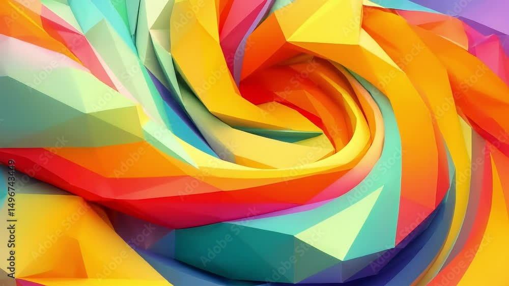 Rotating polygonal forms with smooth curves and sharp edges transitioning between vibrant colors as they spin and rotate. Rotating polygonal forms with smooth curves and sharp edges transitioning between vibrant colors as they spin and rotate.
