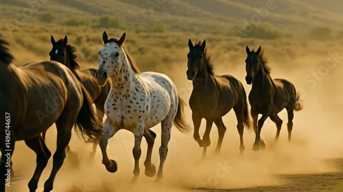 Running Herd of Horses Across Dusty Valley in Cinematic Slow Motion