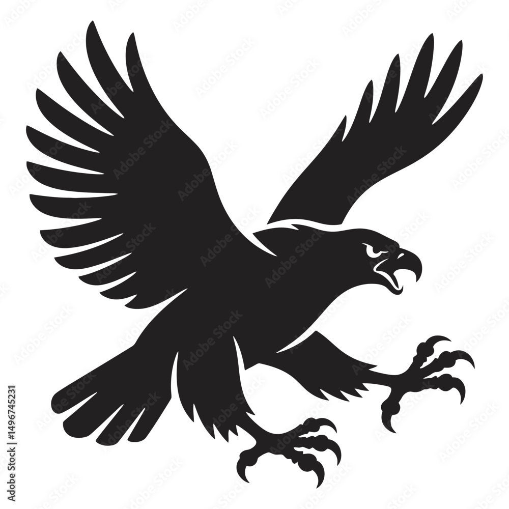 Obraz premium A striking, minimalist black silhouette of an eagle in a dynamic pose, symbolizing power, freedom, and precision in bold simplicity.
