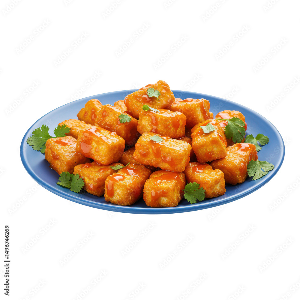 Deliciously plated crispy tofu bites drizzled with spicy sauce and garnished Deliciously plated crispy tofu bites drizzled with spicy sauce and garnished
