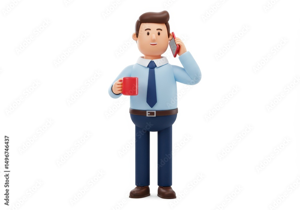3D Illustration of Cartoon businessman holding a mug and talking on a smartphone isolated on white background 3D Illustration of Cartoon businessman holding a mug and talking on a smartphone isolated on white background