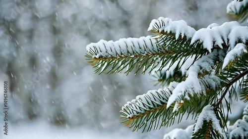 Snowflakes gently falling on verdant pine tree branches laden with fresh white snow, a serene winter scene in soft focus