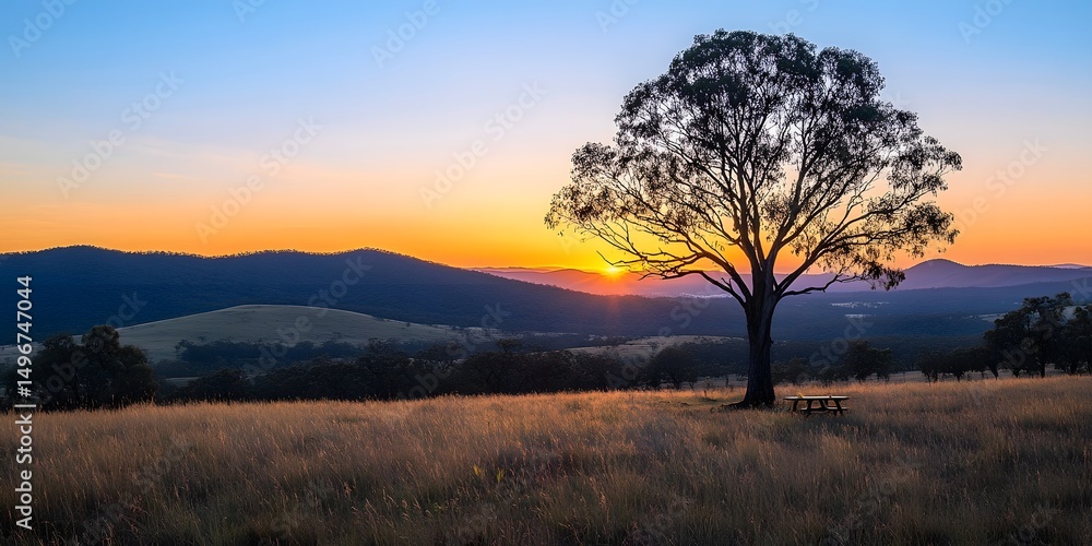 Fototapeta premium Serene Sunset Landscape: Solitary Tree in Golden Meadow