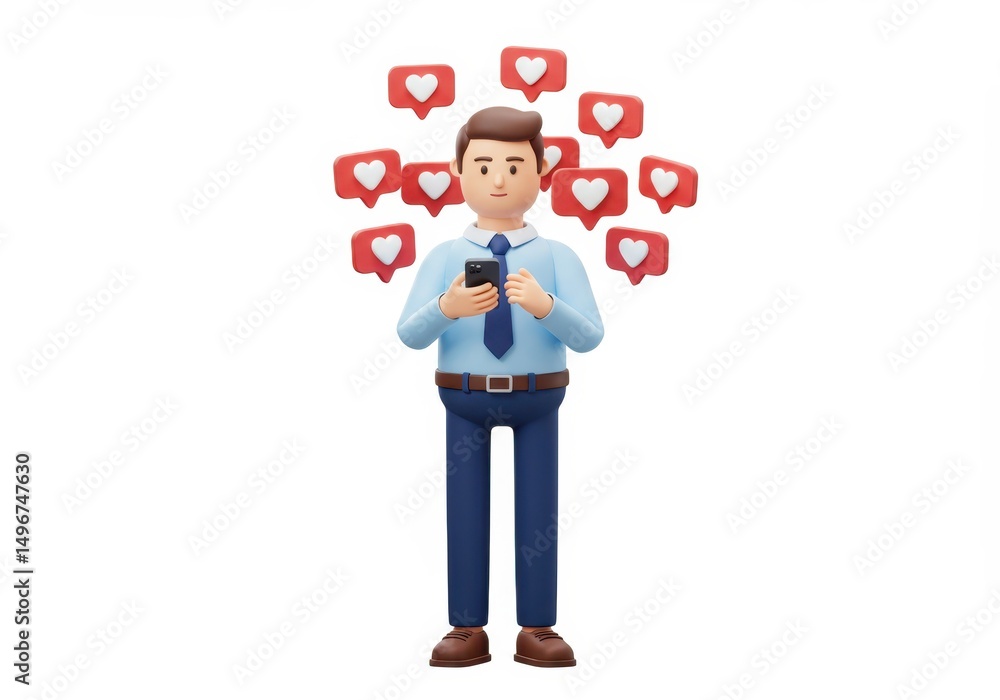 3D Illustration of Cartoon man using phone surrounded by like notifications isolated on white background 3D Illustration of Cartoon man using phone surrounded by like notifications isolated on white background