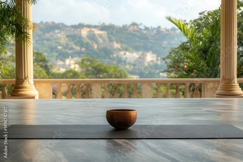 Serene Meditation Space with Tibetan Bowl Overlooking Lush Green Mountains in Tranquil Outdoor Setting Amidst Nature's Beauty