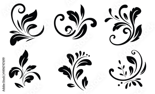 Decorative floral swirls and leaves in black and white vector