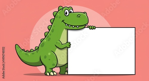 Fototapeta Naklejka Na Ścianę i Meble -  Cartoon dinosaur holding blank banner or sign with copy space