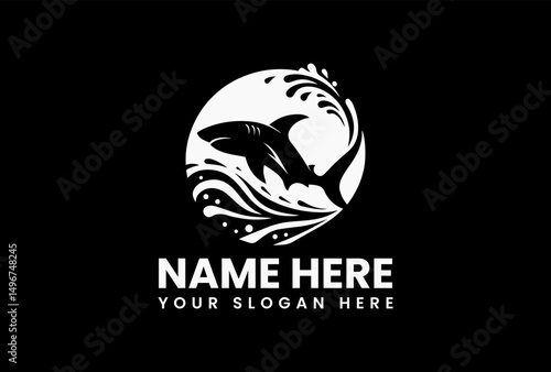 Powerful black shark silhouette with dynamic water splashes and bubble trails in aggressive vector logo. Marine predator emblem  