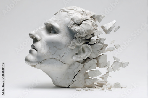 White marble statue head dissolving on light background, representing loss of memory, dementia, alzheimer, mental health issues, stress and fragility