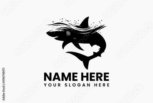 Powerful black shark silhouette with dynamic water splashes and bubble trails in aggressive vector logo. Marine predator emblem  